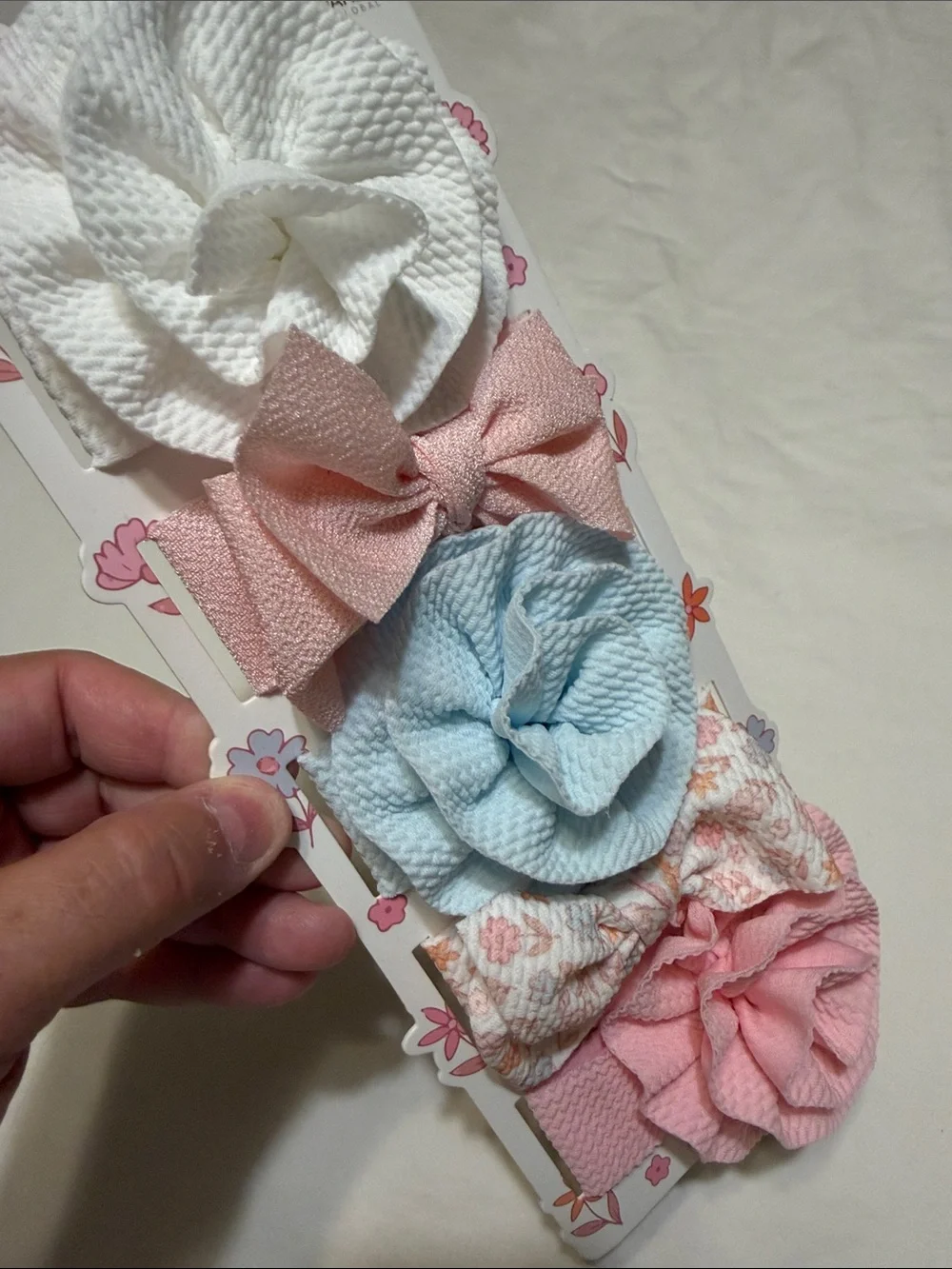 Girls Floral & Solid Bow Headband Set - Pink, Blue, White